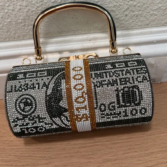 Gold & Silver Money Print Clutch Bag Top Handle Novelty Evening Purse - Picture 2 of 6